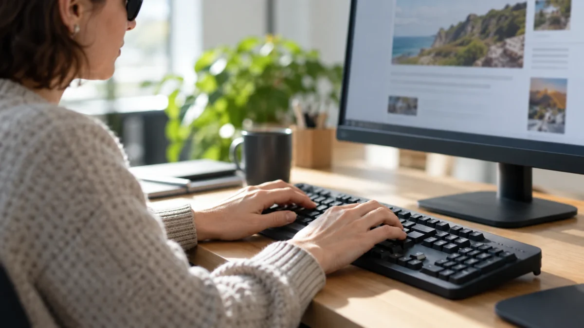 Une spécialiste utilise le clavier pour parcourir un site sur un écran.