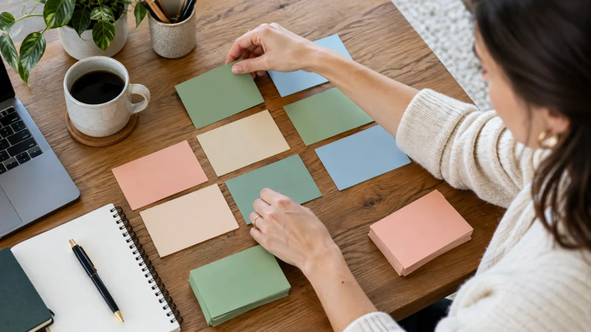 Une professionnelle organise des fiches de comptes cibles sur son bureau.
