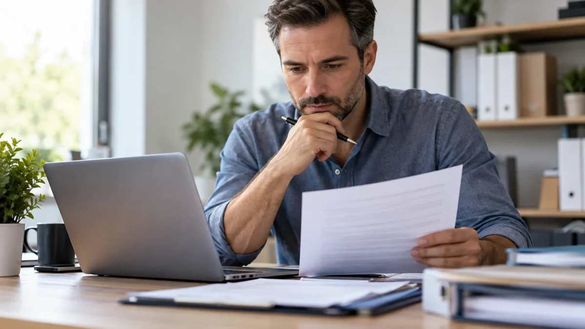 Un professionnel relit un contrat logiciel avec un ordinateur et des dossiers sur sa table.