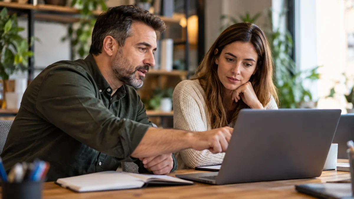 Deux collègues évaluent des tâches numériques ensemble sur un ordinateur portable.