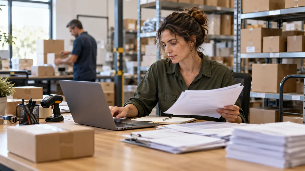 Une professionnelle examine des documents de commandes dans un entrepôt.