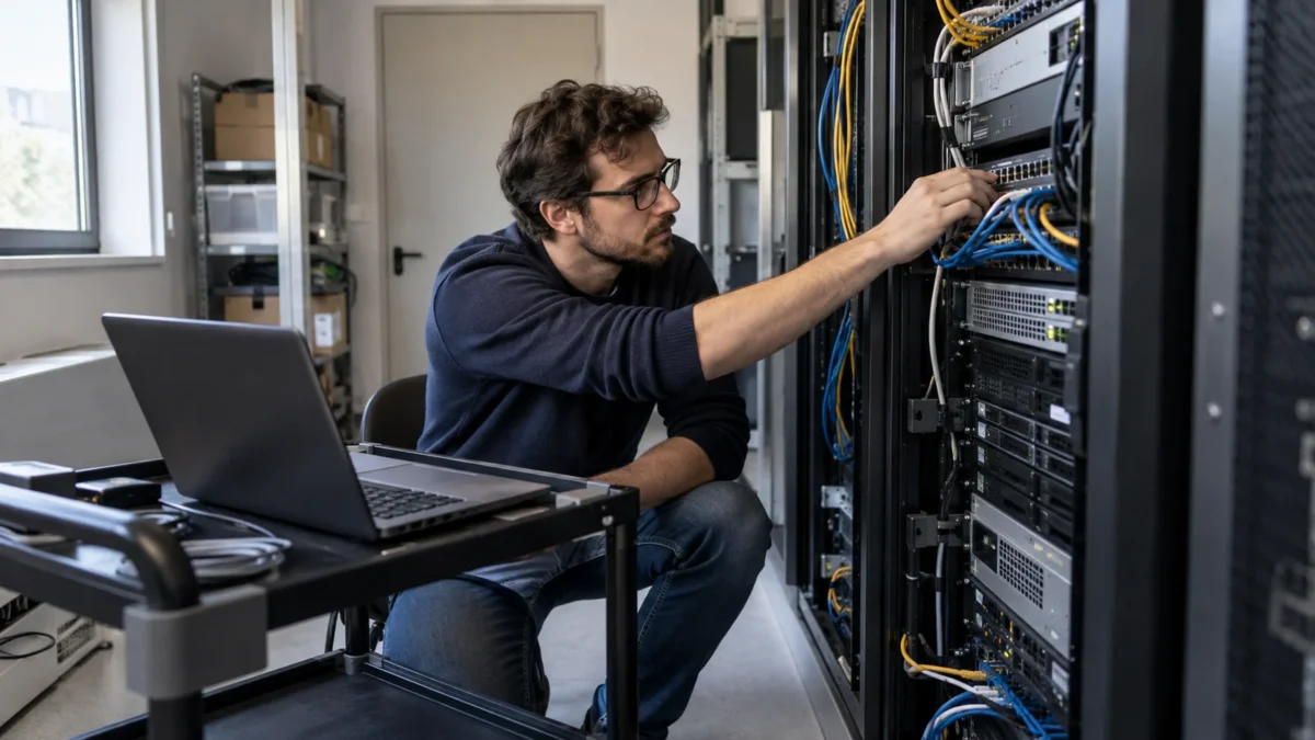 Un technicien travaille sur les connexions d’une baie informatique.