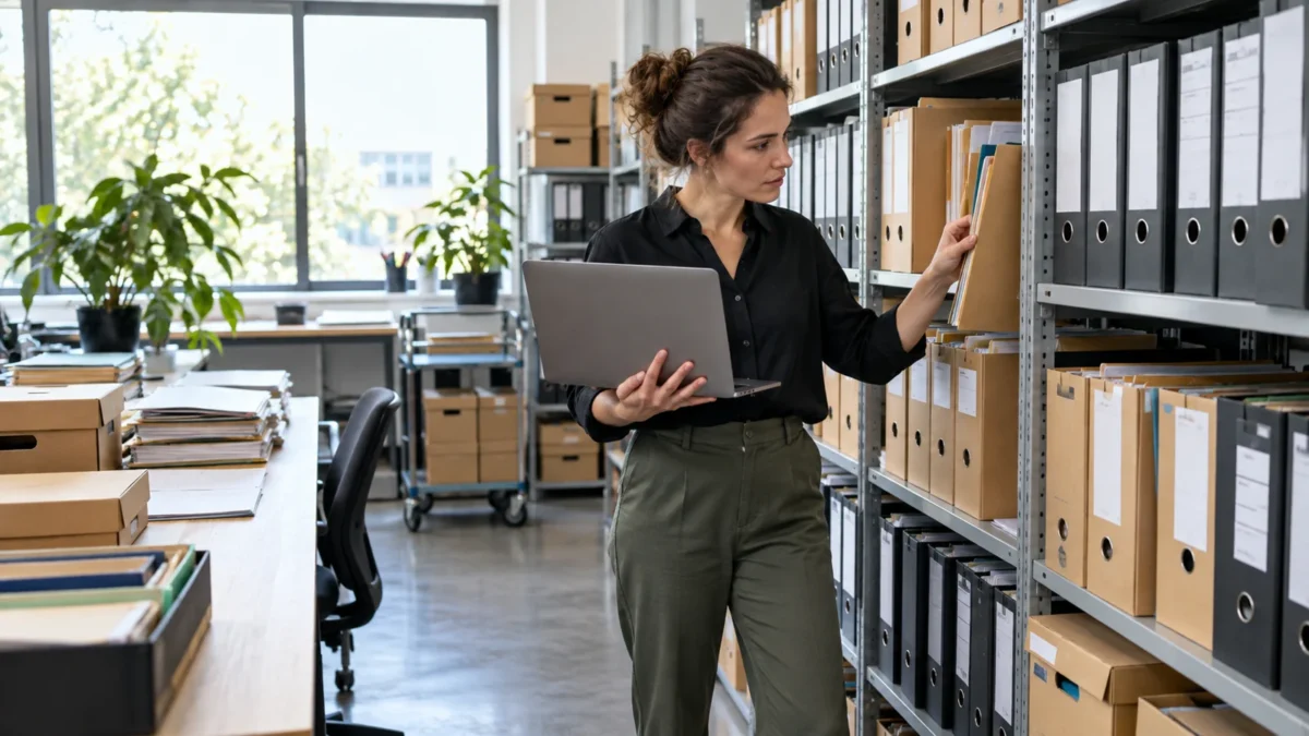 Un professionnel recherche des documents parmi des classeurs et des dossiers.