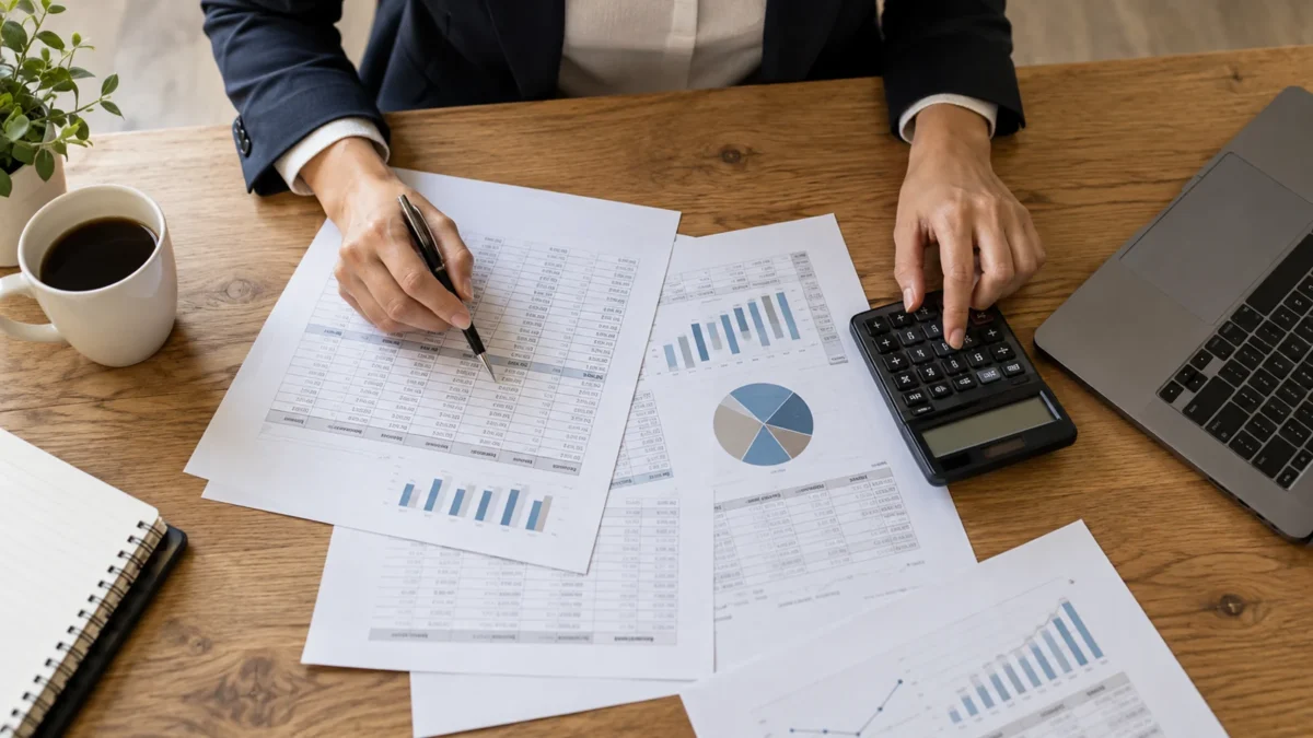 Documents budgétaires, calculatrice et ordinateur sur un bureau pour examiner un investissement numérique.