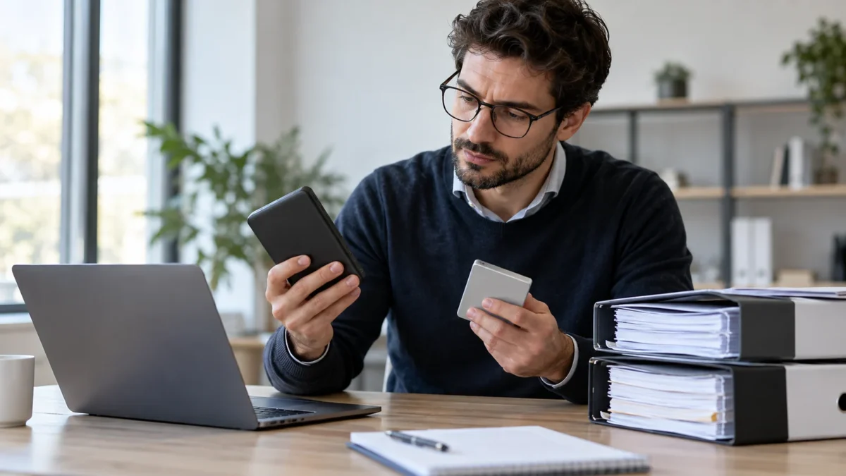 Un professionnel examine des supports de stockage et des documents à côté d’un ordinateur.