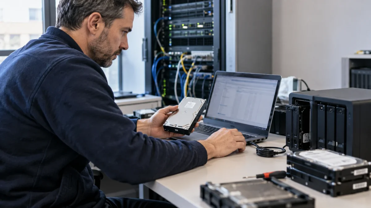 Un technicien vérifie des supports et du matériel de sauvegarde dans une salle informatique.