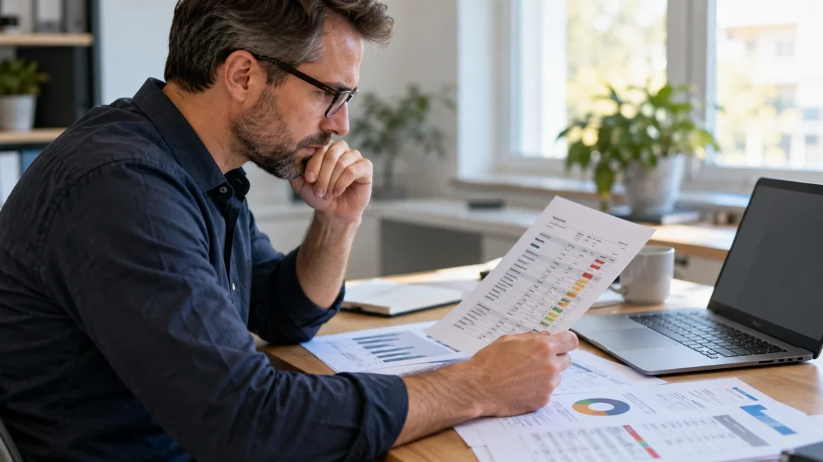 Un analyste examine des documents d’inventaire logiciel devant un ordinateur.
