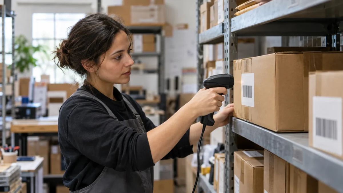 Une employée d’entrepôt scanne le code-barres d’un colis sur une étagère.