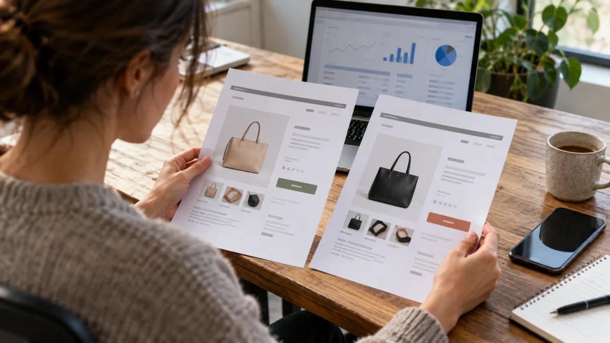 Une professionnelle compare deux maquettes de pages e-commerce imprimées.